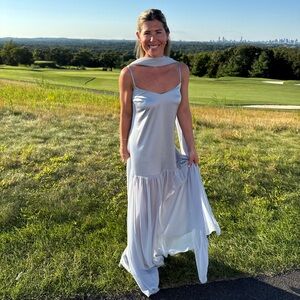 Show Me Your Mumu Dalia Maxi Dress Steel Blue Satin S